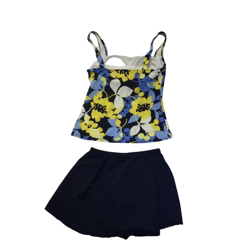 Caribbean Joe 2 Piece Swimsuit Floral Top Skirt‎ Bottom Solid Color Navy Sz Sm